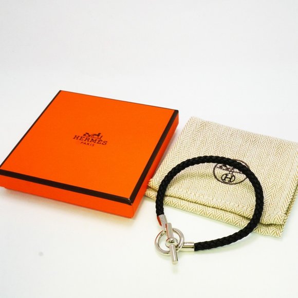 Hermes bracelet Grennan metal leather silver black men's